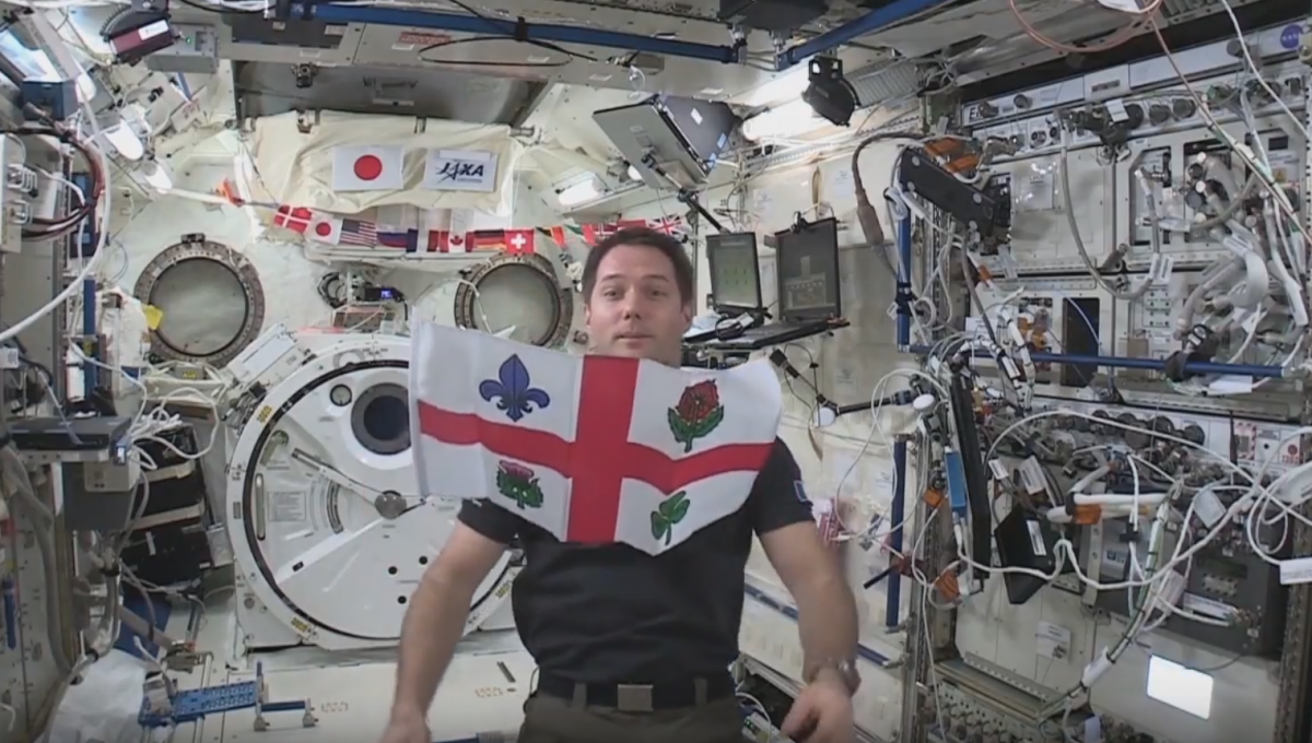 French astronaut Thomas Pesquet flies Montreal's flag aboard the International Space Station. June 1, 2017.
