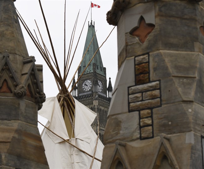 A large teepee erected by indigenous demonstrators to kick off a four-day Canada Day protest stands in front of Parliament Hill in Ottawa on Thursday, June 29, 2017. 