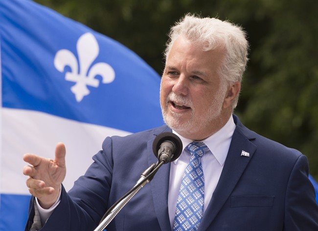 Quebec Premier Philippe Couillard speaks at a ceremony marking the Fete Nationale, Thursday, June 22, 2017 in Quebec City. He hopes to discuss his constitutional initiative and says he wants to raise the topic at the Council of the Federation meeting in Edmonton. Sunday, July 16, 2017.