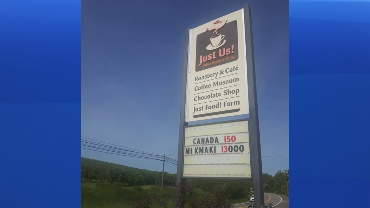 The road sign message put up by Just Us Coffee ahead of Canada's 150th Birthday. 