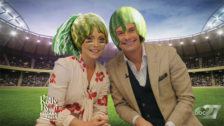Maslany also playfully explained the tradition of Rider fans putting watermelons on their heads, and a picture of Ripa and Seacrest appeared with them sporting the iconic symbol.