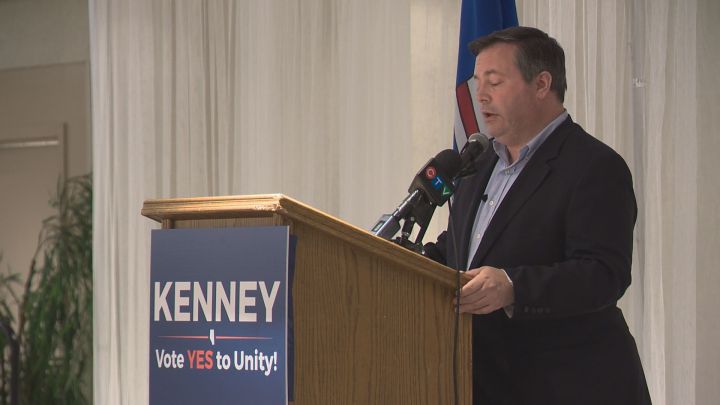 Alberta PC leader Jason Kenney speaks at a town hall in St. Albert, Alta. on June 19, 2017.