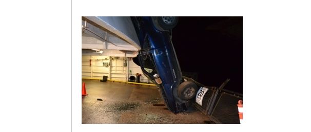 The car ended up landing nose first on the ferry deck.