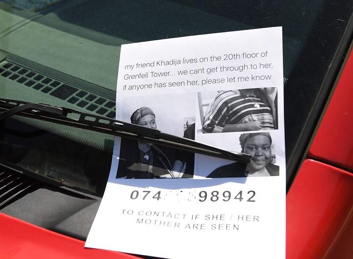 A flyer asking for help locating a missing person after the fire atGrenfell Tower, in London on June 14, 2017.