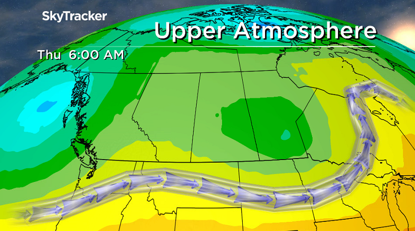 An upper level low pressure system, seen in the blue dot in southern Manitoba, will keep Saskatchewan cool and unsettled on Thursday.