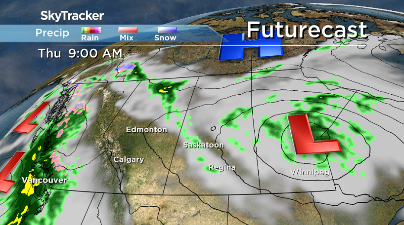 Low pressure system that brought the rain pulls off into Manitoba on Thursday.