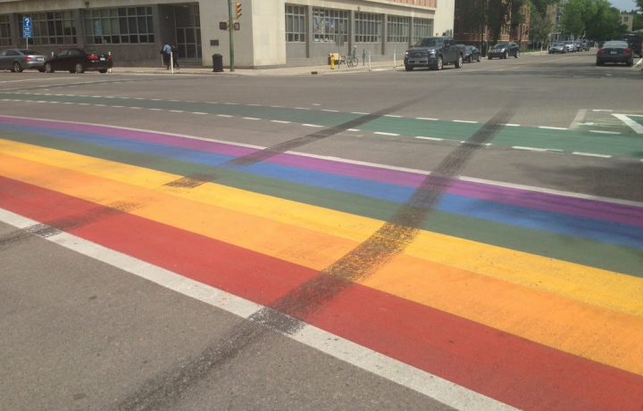 A driver left a skid mark on a rainbow crosswalk along 23rd Street downtown outside Saskatoon City Hall.