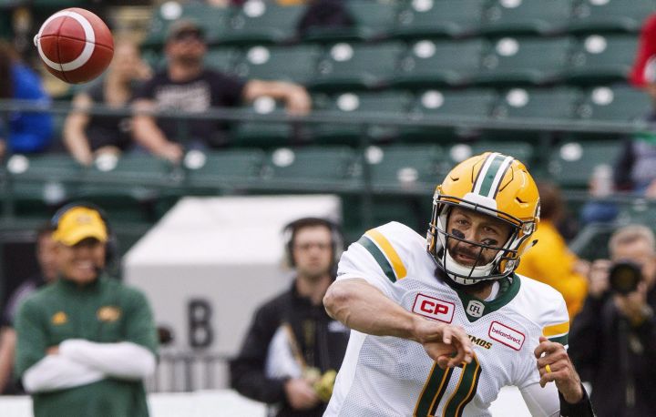 Edmonton Eskimos quarterback Mike Reilly during first half CFL pre-season action in Edmonton, Alta., on Sunday June 11, 2017. Reilly was born to run, but in his fifth season with the Edmonton Eskimos, the quarterback with the Methuselah beard has pretty much run out of things to experience. 