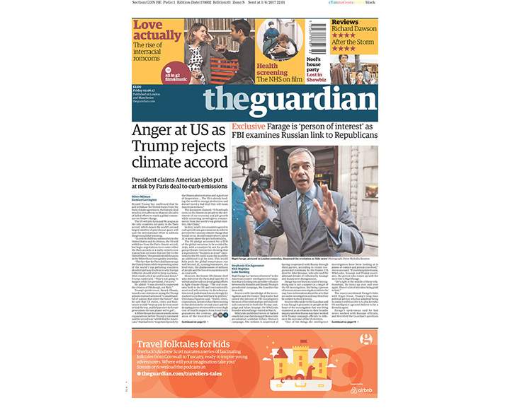 Newspaper front pages day after Donald Trump pulls U.S. out of Paris climate agreement - image