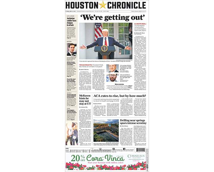 Newspaper front pages day after Donald Trump pulls U.S. out of Paris climate agreement - image