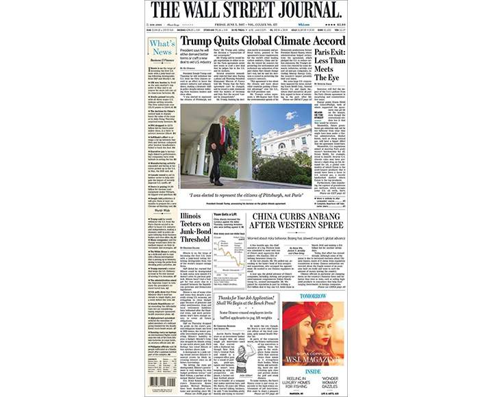 Newspaper front pages day after Donald Trump pulls U.S. out of Paris climate agreement - image