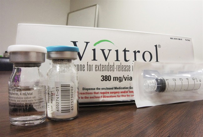 FILE - This Oct. 19, 2016, file photo shows the packaging of Vivitrol at an addiction treatment center in Joliet, Ill.