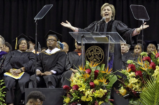 In this file photo, Hillary Clinton delivers the commencement address to Medgar Evers College graduates.