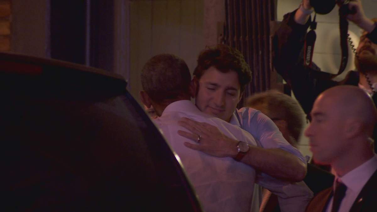 Prime Minister Justin Trudeau hugs Former U.S. President Barack Obama outside of Liverpool House, Tuesday June 6, 2017.