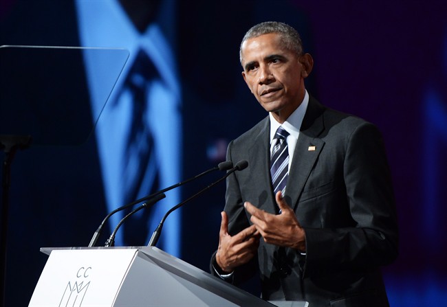 Former U.S. President Barack Obama speaks at the convention centre in Montreal, June 6, 2017.