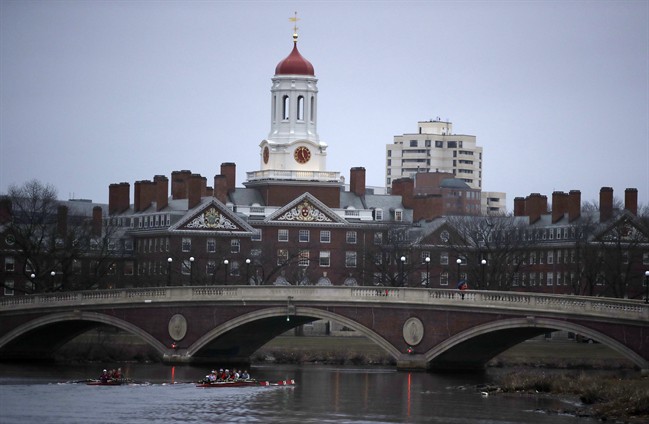 In this March 7, 2017 file photo, rowers paddle down the Charles River near the campus of Harvard University in Cambridge, Mass.