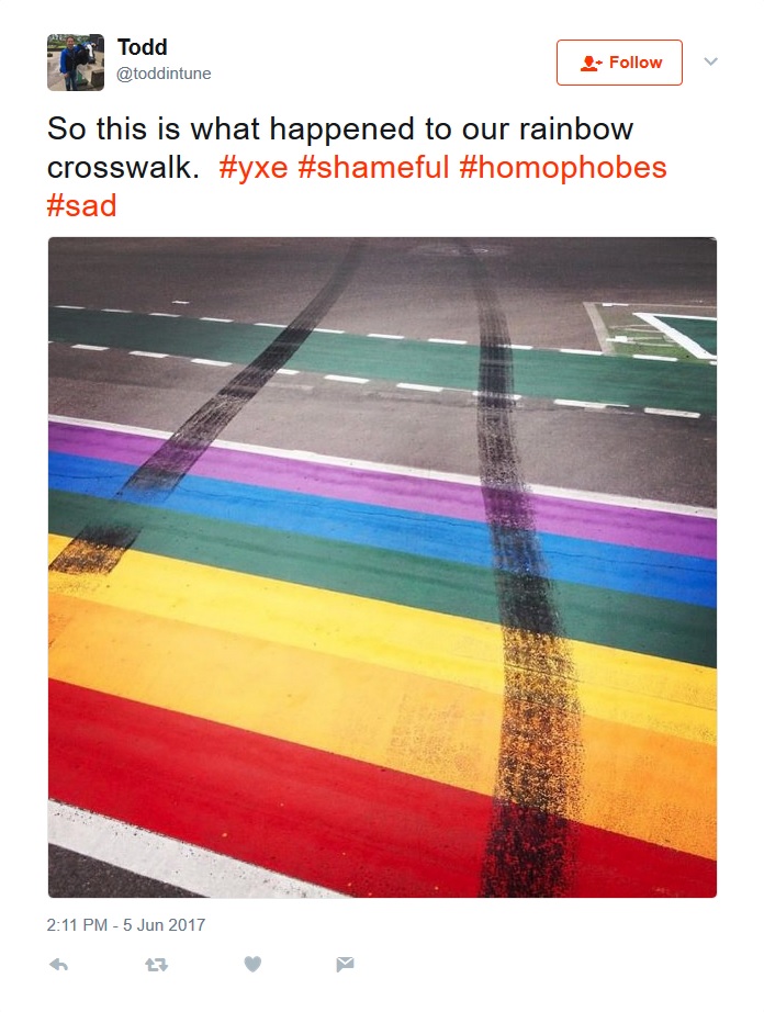 Saskatoon’s rainbow crosswalk damaged by tire marks - image