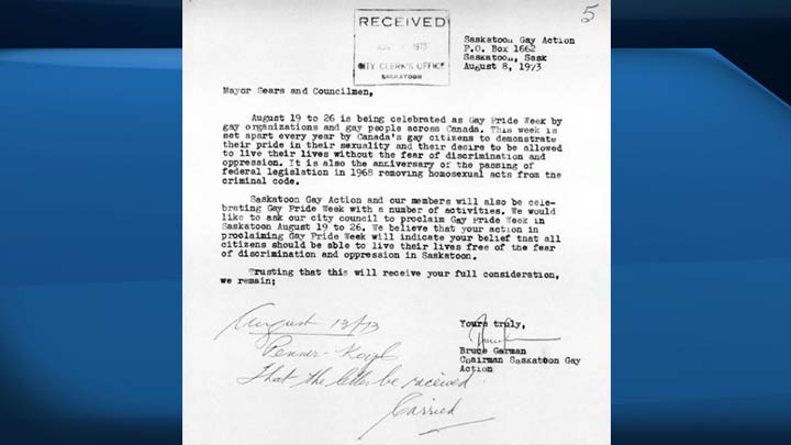In a 1973 letter, Saskatoon Gay Action chairman Bruce Garman requests a city council proclamation.