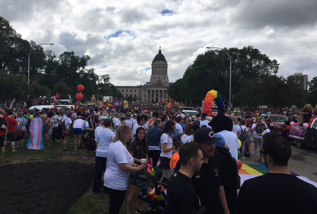 The annual Pride Parade starts in front of the Legislature, before heading towards Portage Avenue, then Main Street.