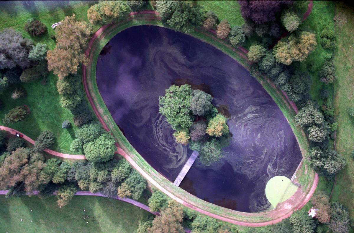 FILE – A Friday, Sept. 5, 1997 aerial photo taken from files of the island where Princess Diana is buried in the grounds of the Spencer family estate in Althorp, England, near Northampton north of London.