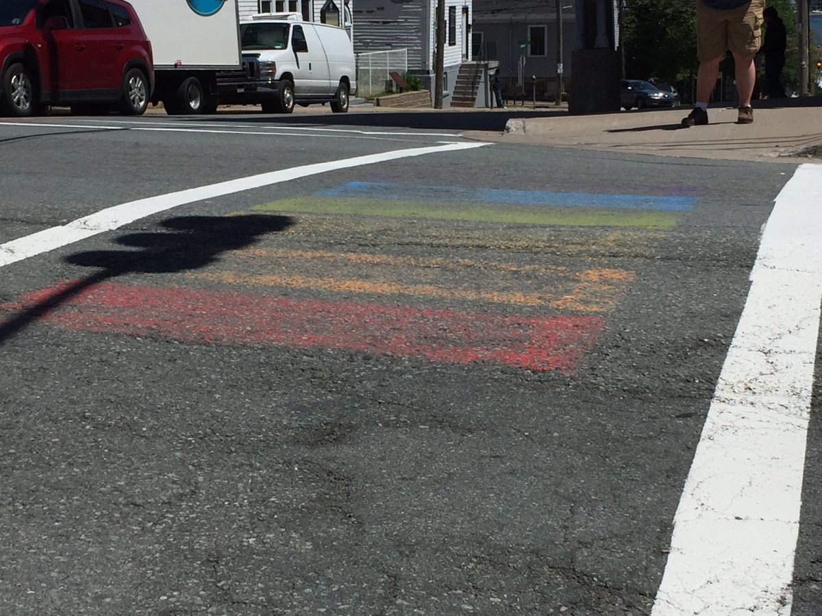 File - The crosswalks at the intersection of Barrington Street and Cornwallis Street are decorated with a rainbow pattern. The HRM has put out a tender to have them repainted for June's LGBTQ celebration.