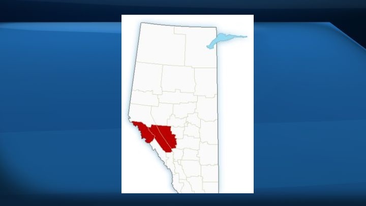 A map of Alberta showing areas under a rainfall warning in red on June 10, 2017.