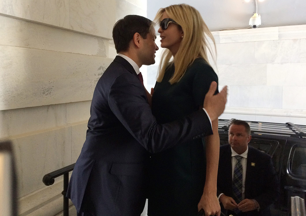 Ivanka Trump, daughter of President Donald Trump, is greeted by Sen. Marco Rubio, R-Fla., as she arrives at the Capitol to meet with lawmakers about parental leave, in Washington, Tuesday, June 20, 2017. 