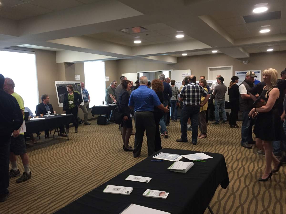 People gather for a town hall meeting regarding SaskEnergy's plan to cut natural gas service to 250 properties in the Last Mountain Lake area.