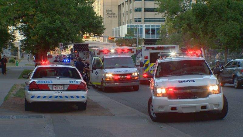 Emergency crews attend a double stabbing in the area of 6 Avenue and 2 Street S.E. on Wednesday, June 7, 2017. 