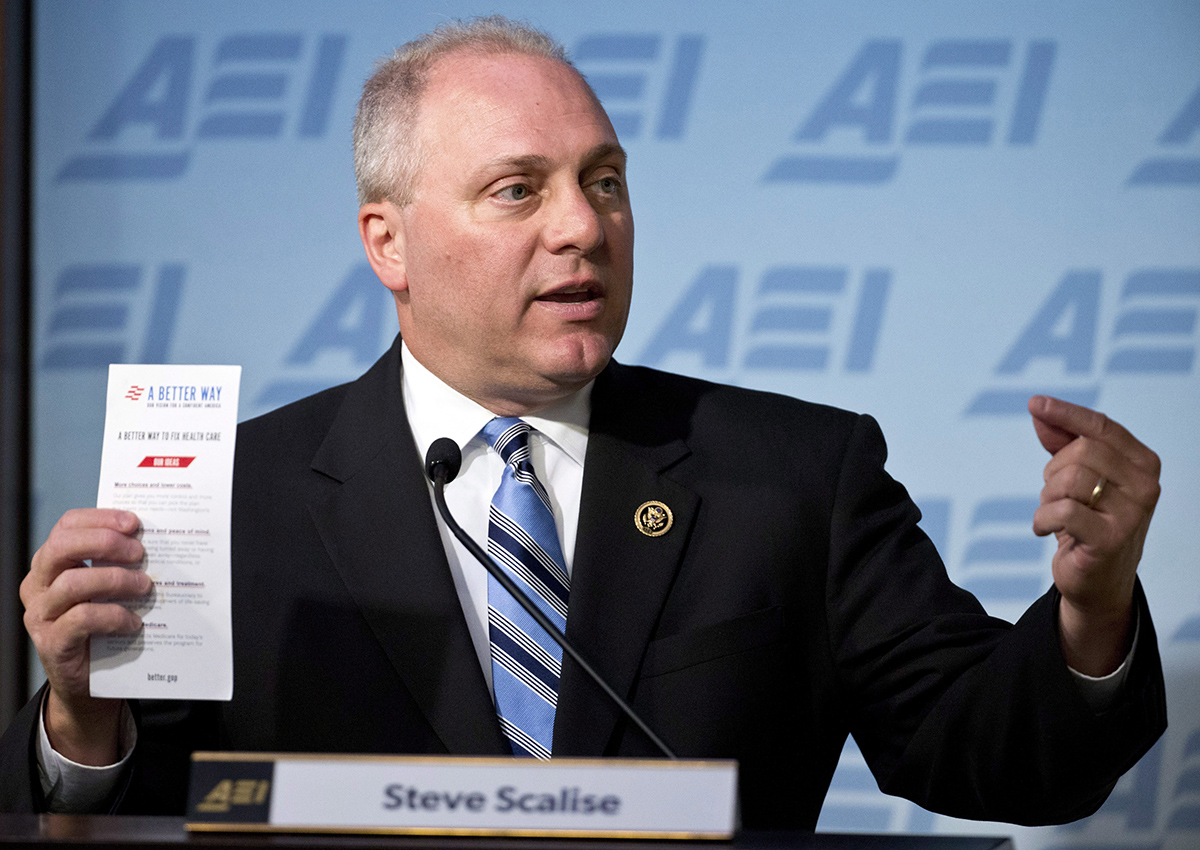 House Majority Whip Steve Scalise of La. holds a brochure as he speaks at the American Enterprise Institute (AEI) in Washington, Wednesday, June 22, 2016.