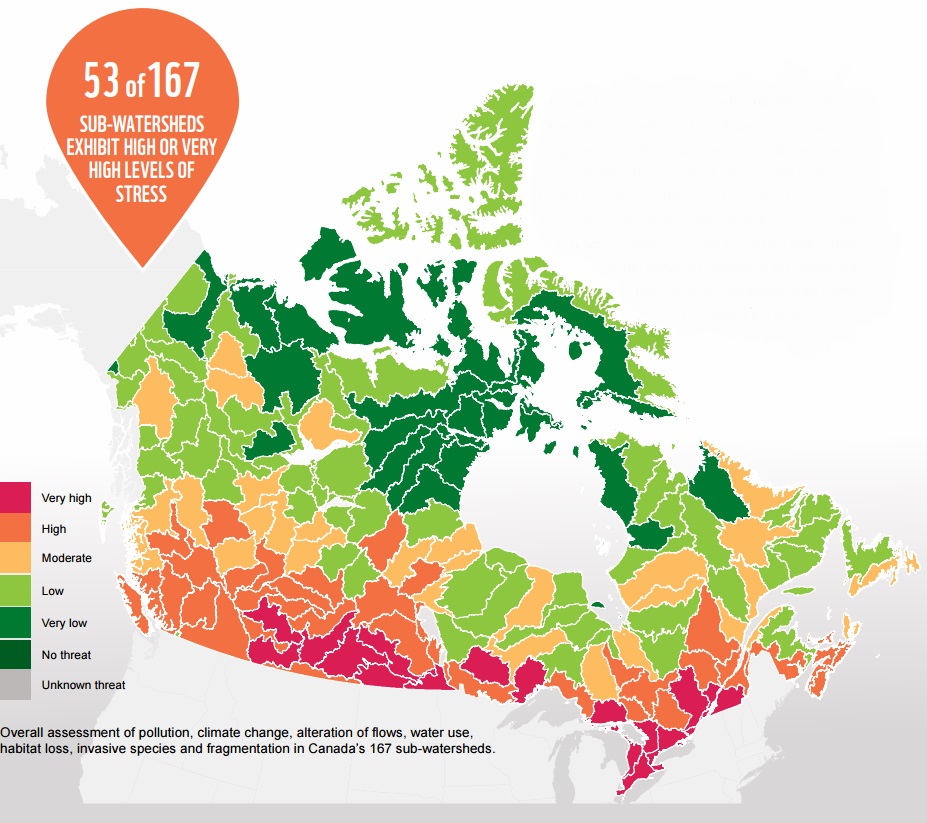 This map shows the degree of stress that various Canadian sub-watersheds are experiencing.