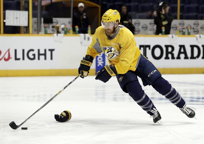 Colin Wilson skates a drill during a Nashville Predators practice on June 4, 2017 in Nashville, Tenn. 