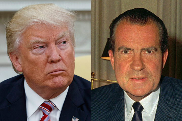 Parallels have been drawn between the Russia scandal plaguing Donald Trump (left) and Watergate, the scandal that led to the impeachment and resignation of Richard Nixon (right).