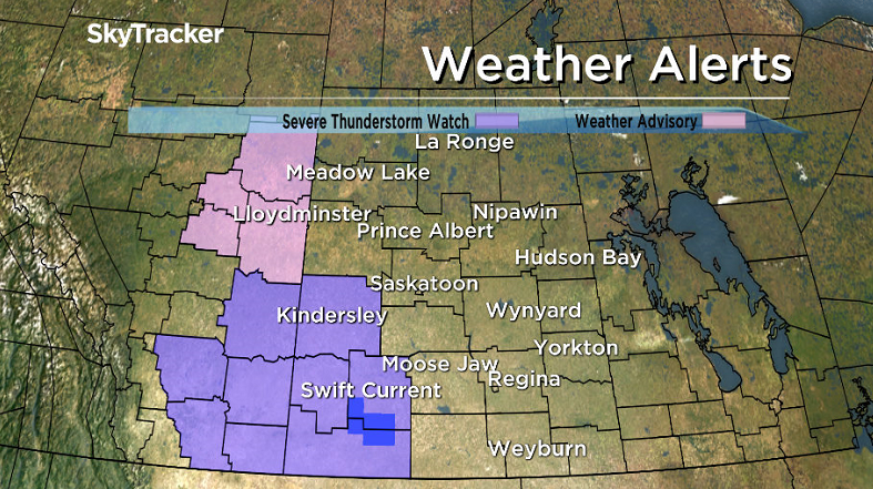 Environment Canada has issued a severe thunderstorm watch in west-central and southwest Saskatchewan on Wednesday, June 28, 2017.