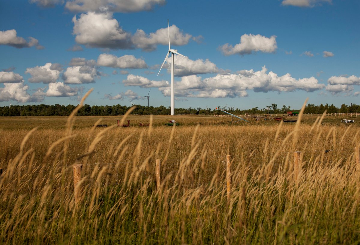 FILE - Wind turbines are seen as part of a wind farm near a farmer's field in Dundalk, Ont., on August 6, 2016. 