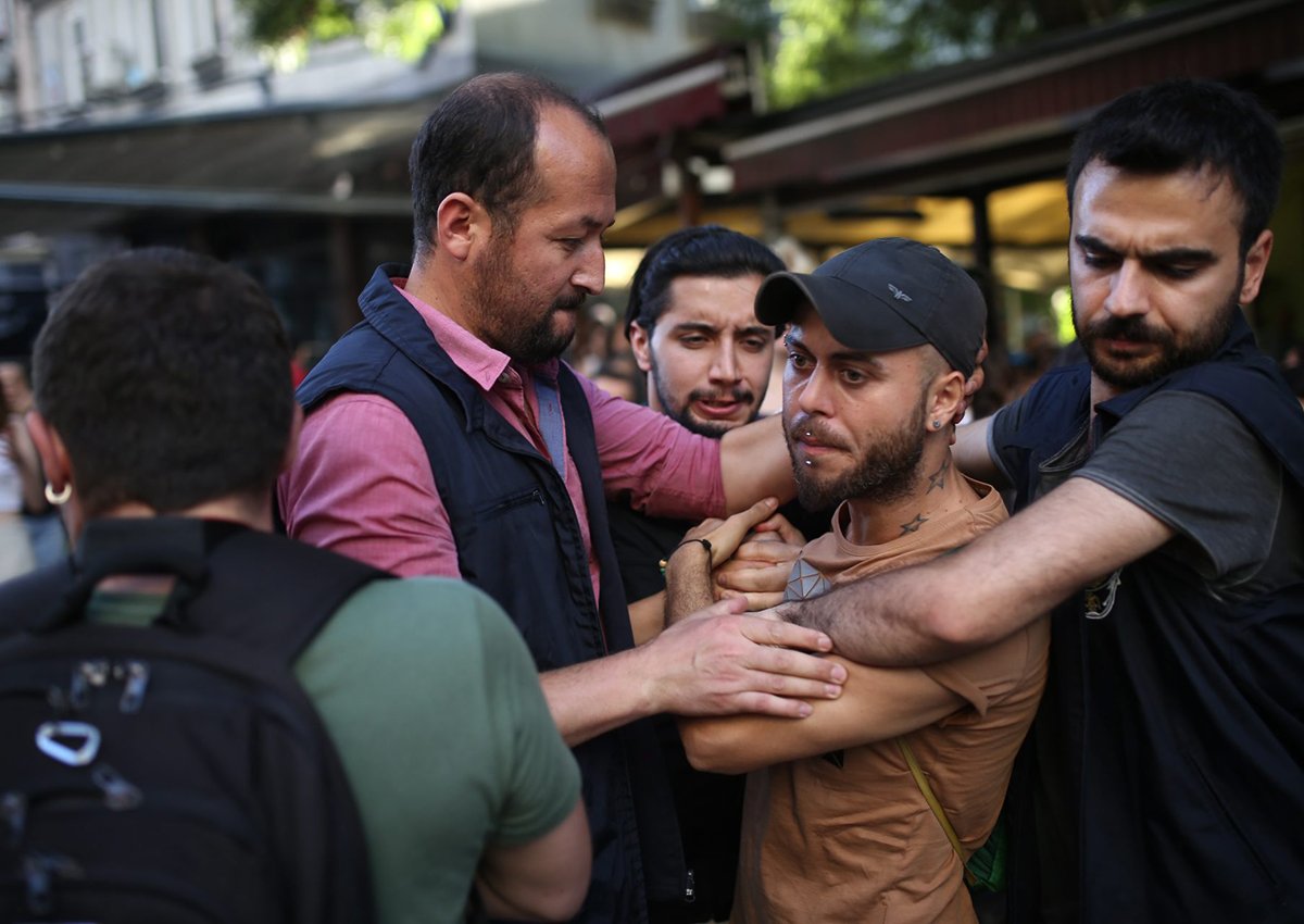 Turkish riot police officers block ways to Istiklal avenue for LGBT rights activist as they try to gather for a pride parade, which was banned by the governorship, in central Istanbul, Turkey, on June 25, 2017.