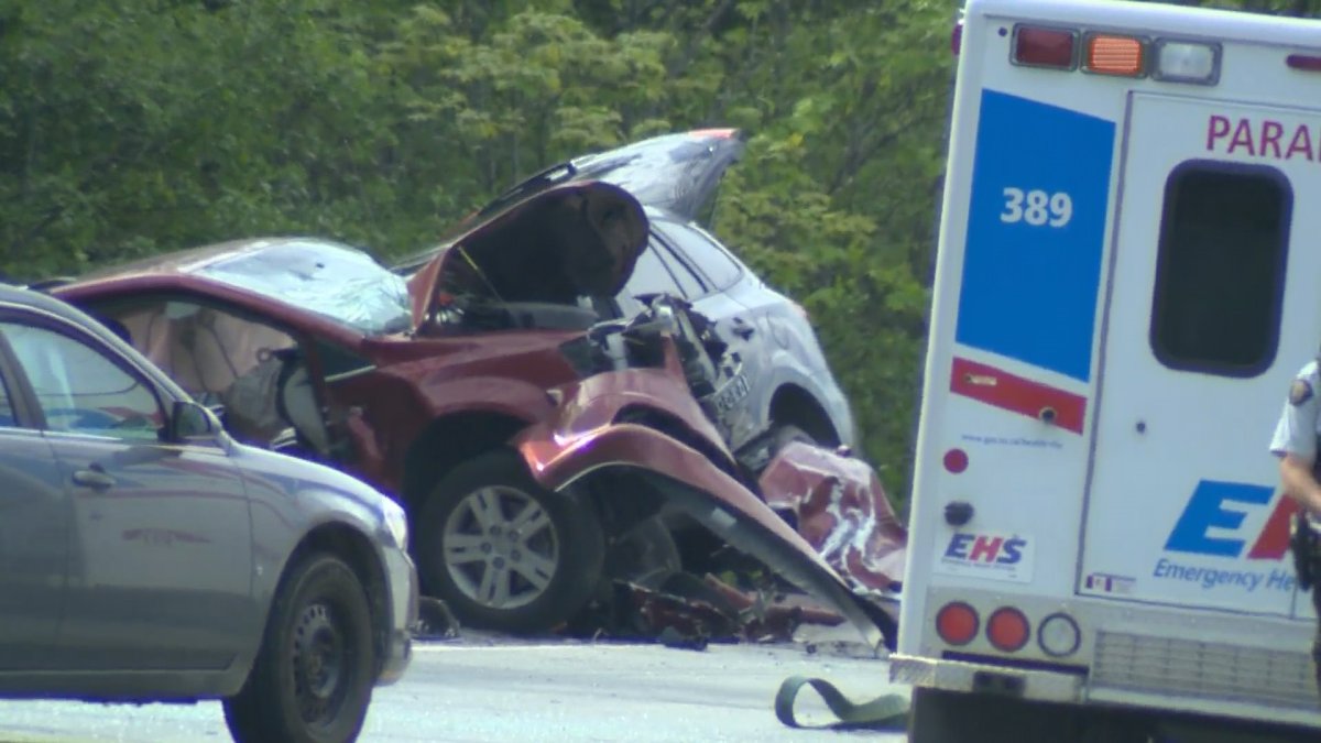 A damaged vehicle is pictured in Upper Sackville, N.S. on Tuesday. Five people were injured following the multi-vehicle collision.