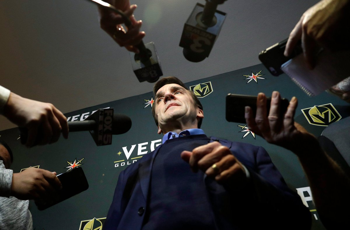 FILE - In this Wednesday, March 1, 2017, file photo, Vegas Golden Knights general manager George McPhee speaks during a news conference in Las Vegas. After further consideration, the NHL will release teams' protected and available lists to the public before the Vegas Golden Knights' expansion draft in June. 