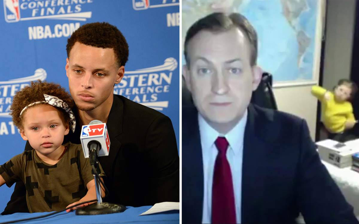 (L-R) NBA star Steph Curry with daughter Riley, Robert Kelly and daughter during live BBC News interview.