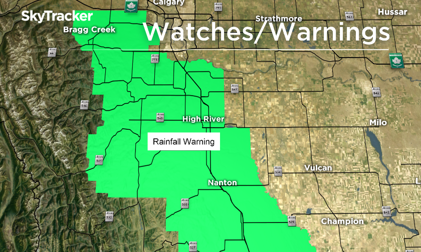 Rainfall warning south of Calgary, some areas could see a total of 50mm by tonight.
