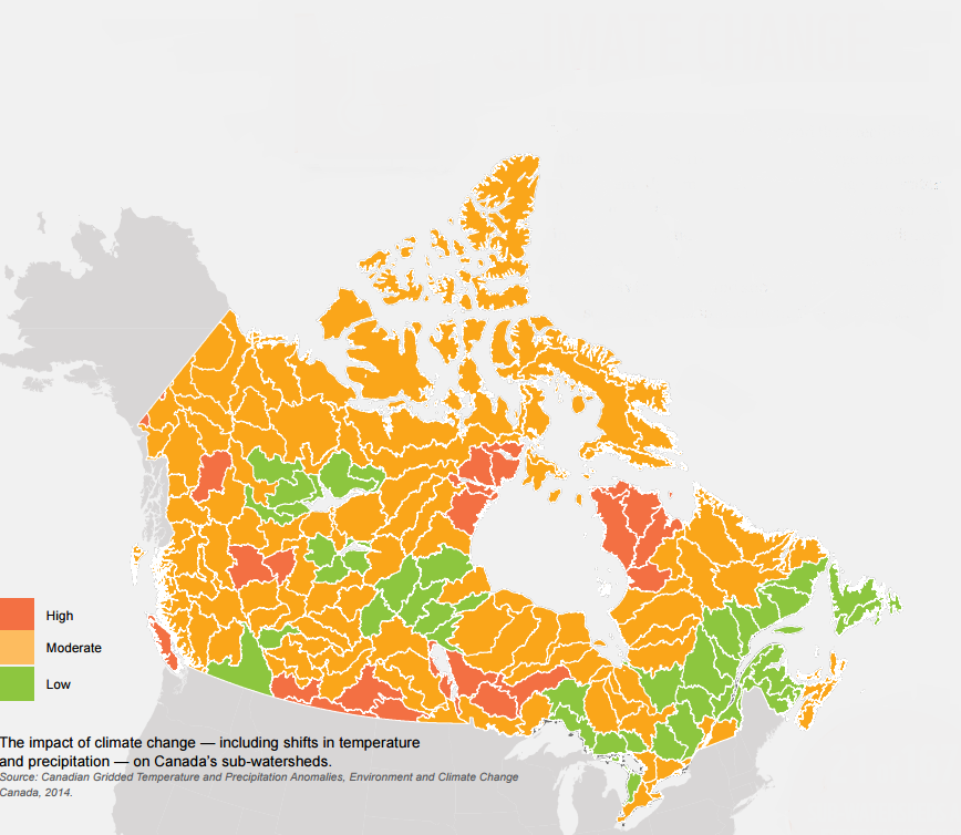 A map from WWF Canada's report on watershed health,, showing the impacts of climate change on sub-watersheds.