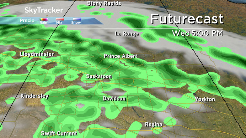 Rain moves in mid-week as an upper low sweeps through central Saskatchewan.