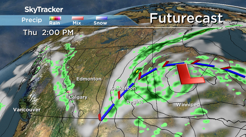 A band of rain wrapping around a low pressure system will move through the city on Thursday.