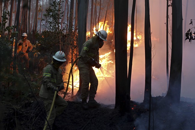 Firefighters of the Portuguese National Republican Guard work to stop a forest fire from reaching the village of Avelar, central Portugal, at sunrise Sunday, June 18 2017.