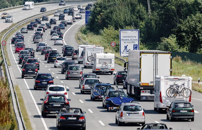  In this July 24, 2016 file photo drivers are stuck in a traffic jam on highway A 1 near to Bad Oldesloe in Germany.