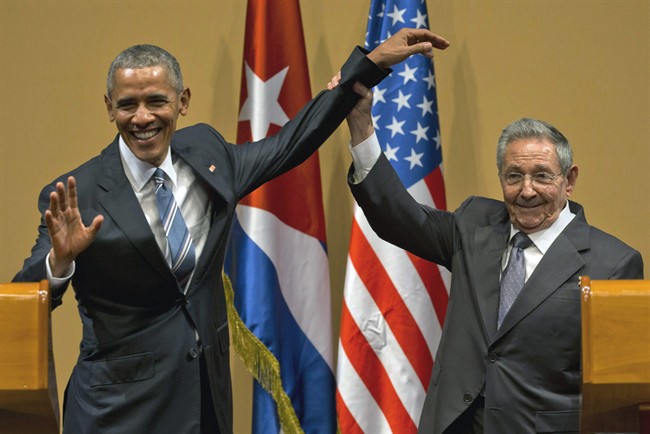Cuban President Raul Castro and former U.S. President Barack Obama at the conclusion of their joint news conference at the Palace of the Revolution, in Havana, Cuba, March 21, 2016.