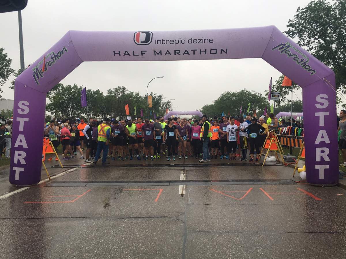 Getting lined up at the start line at the 2017 Manitoba Marathon.