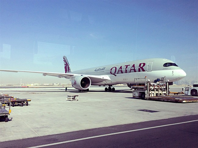 A parked Qatari plane in Hamad International Airport in Doha, Qatar.