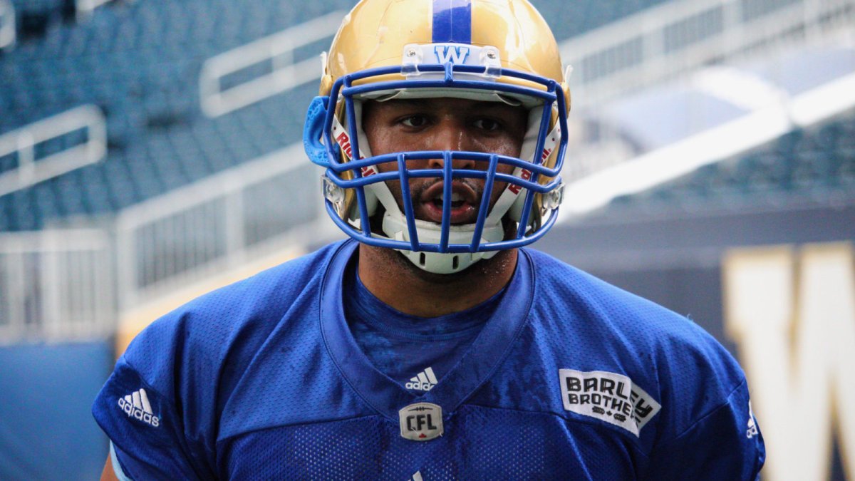 Winnipeg Blue Bombers defensive end Jackson Jeffcoat takes a break during a practice at Investors Group Field.