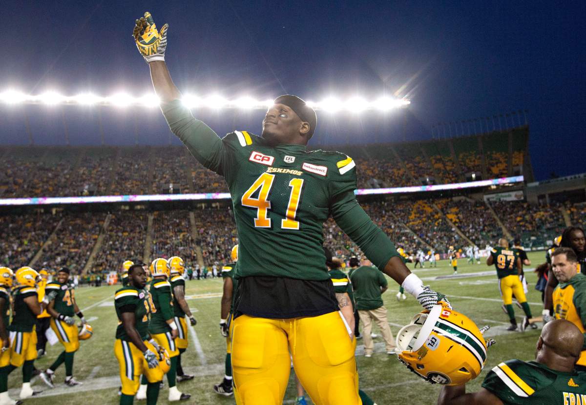 Edmonton Eskimos' Odell Willis (41) celebrates a play against the Saskatchewan Roughriders during second half action in Edmonton, Alta., on Friday July 8, 2016. 